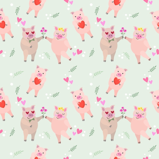 Cute cartoon pink couple pig seamless pattern.