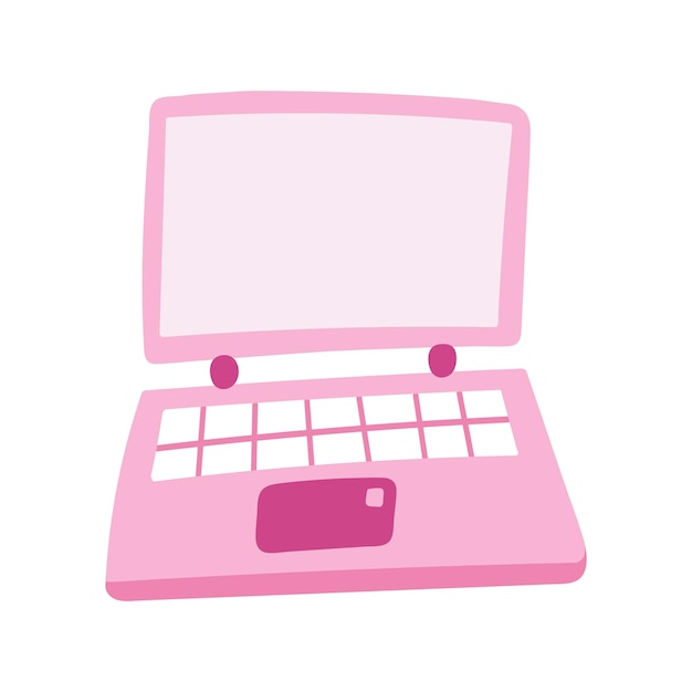 Cute cartoon pink laptop with keyboard for business communication education games Device for office working at home at cafe Colorful vector clipart illustration isolated on background