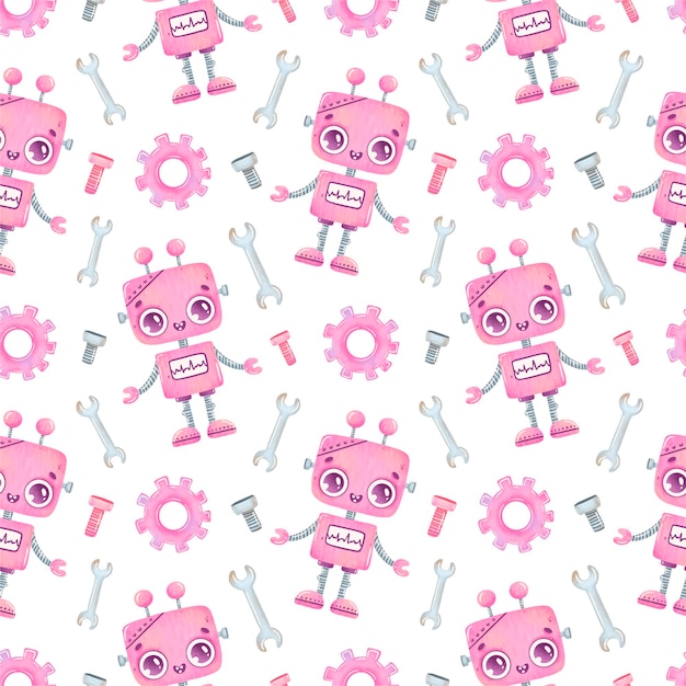 Cute cartoon pink robot seamless pattern