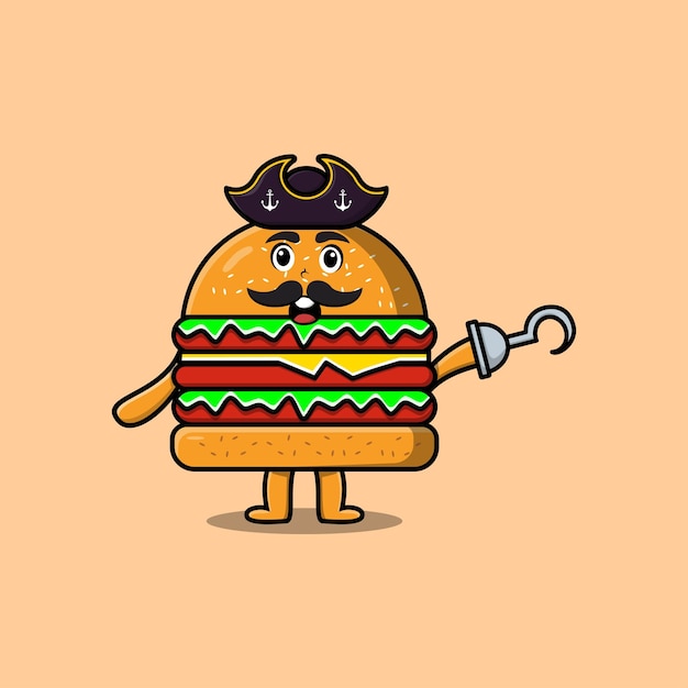 Vector cute cartoon pirate burger with hook hand in 3d modern style design