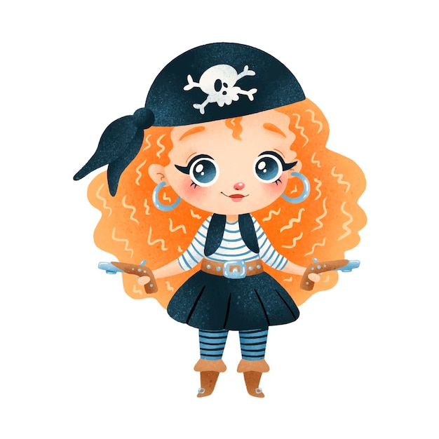 Cute cartoon pirate girl isolated on white