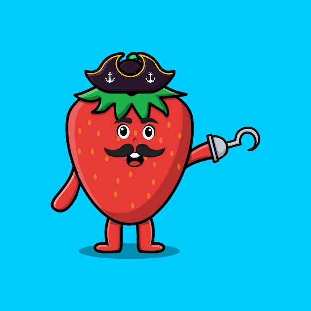 Cute cartoon pirate strawberry with hook hand in flat modern style design