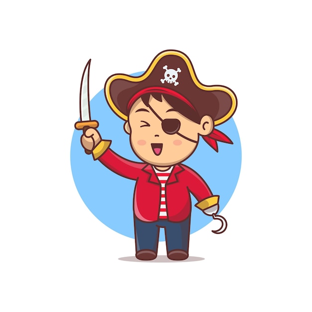 Cute cartoon pirate vector illustration. little kid halloween costume. little kid wear costume pirate and holding sword