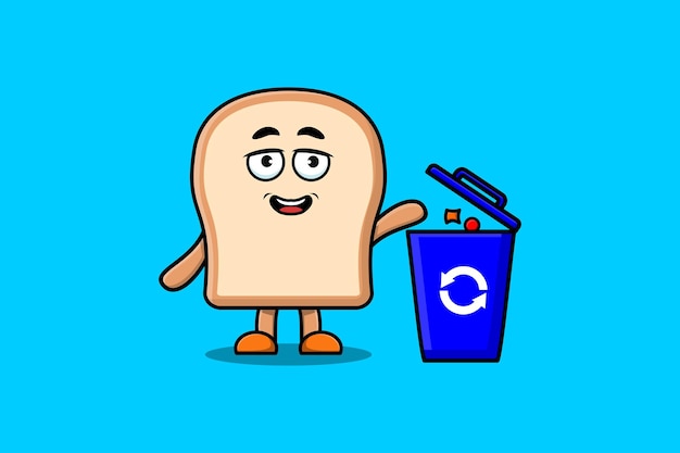 Cute cartoon Plain bread throwing trash in the trash in flat modern style design illustration