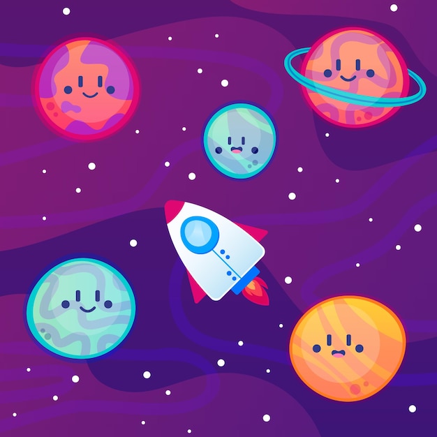 Vector cute cartoon planets and spaceship background