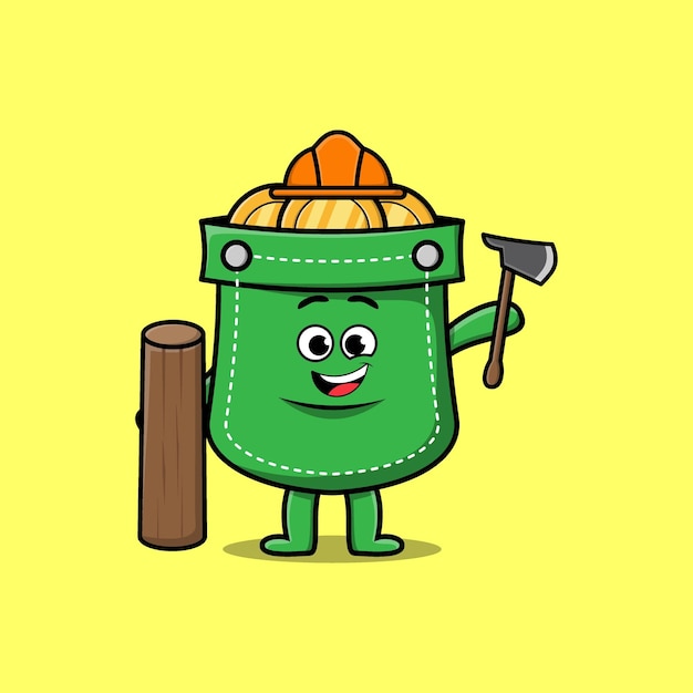 Cute cartoon pocket as carpenter character with ax and wood in 3d modern style design