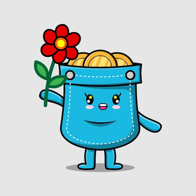 Cute cartoon pocket character holding red flower in concept 3d cartoon style