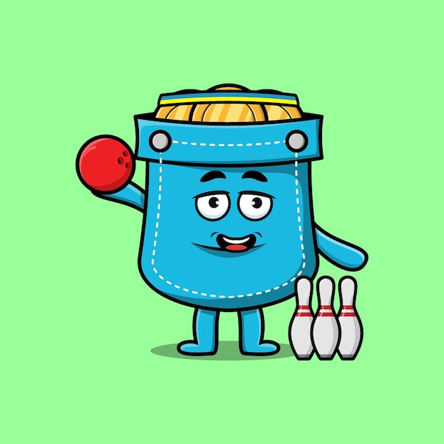 Cute cartoon pocket character playing bowling in 3d modern style design