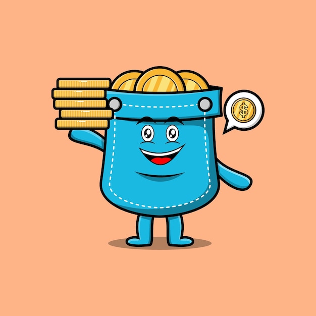 Cute cartoon Pocket holding in stacked gold coin