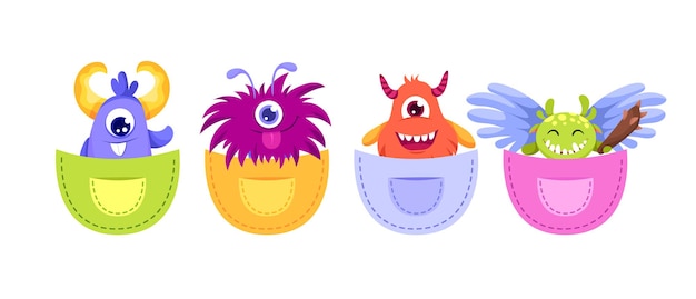 Cute cartoon pocket monster set with hand drawn elements scary and funny creatures for your design