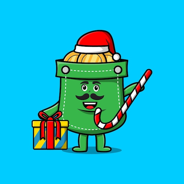 Vector cute cartoon pocket santa clause character is bringing candy cane and boxes christmas illustration