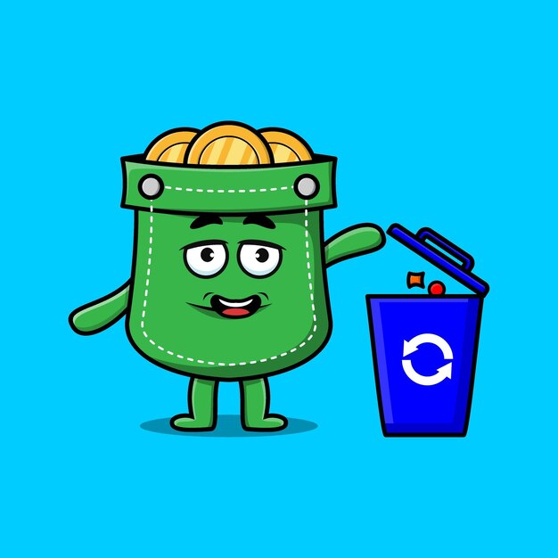 Vector cute cartoon pocket throwing trash in the trash in 3d modern style design