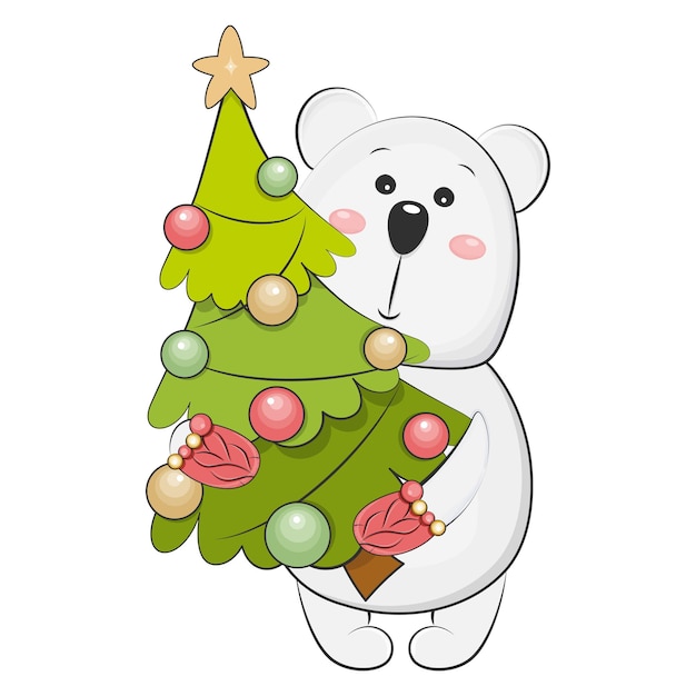 Симпатичный мультяшный белый медведь на рождество. Вектор.