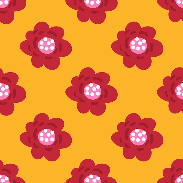 Cute cartoon polka dot flowers in flat style seamless pattern. Floral childlike style background.