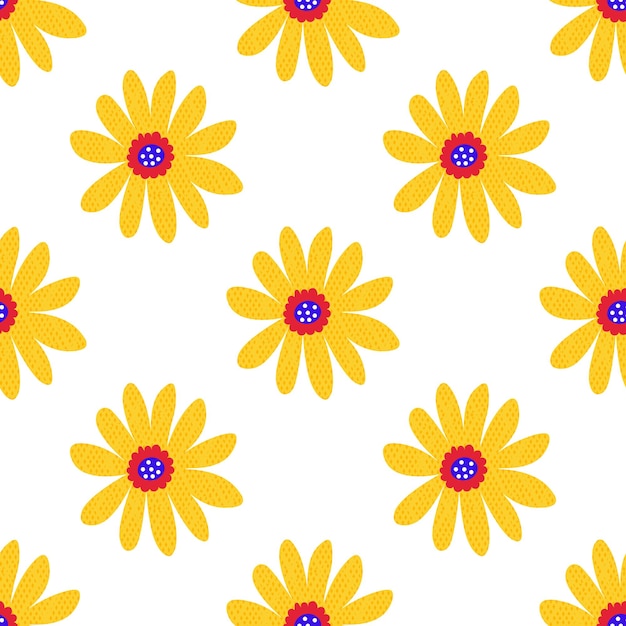 Cute cartoon polka dot flowers in flat style seamless pattern. Floral childlike style background.