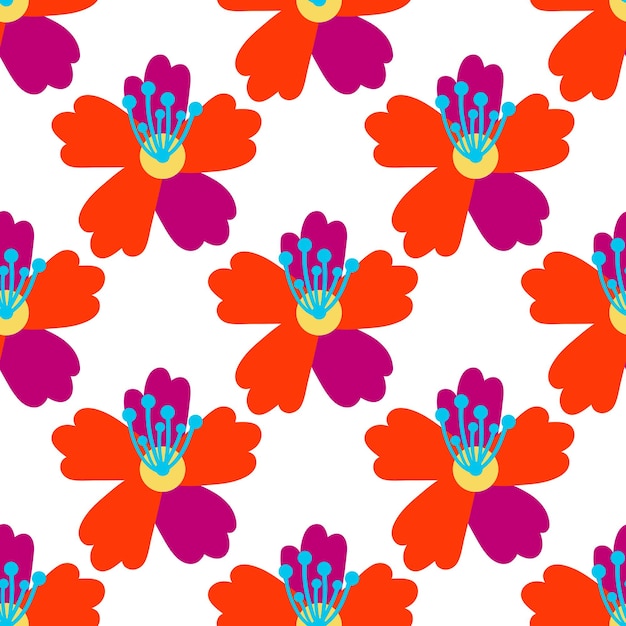 Cute cartoon polka dot flowers in flat style seamless pattern. Floral childlike style background.