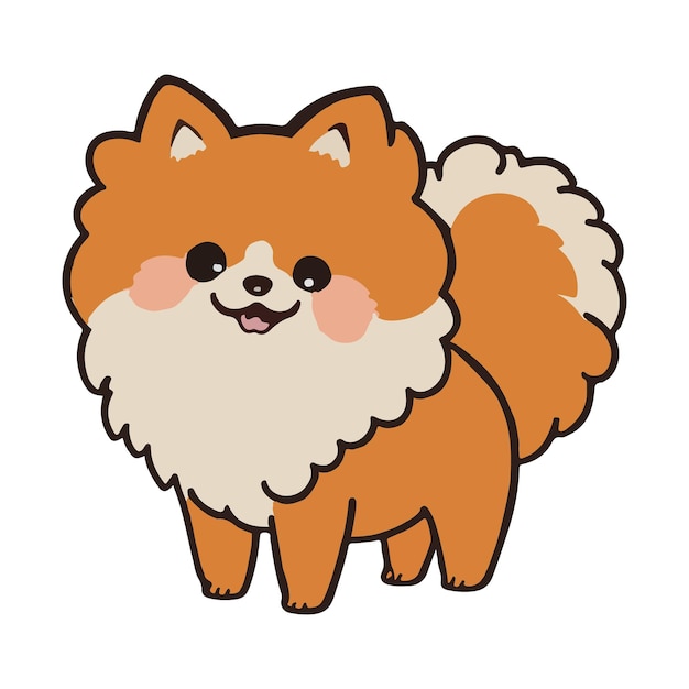 Cute cartoon pomeranian spitz Spitz dog with a fluffy tail smiles