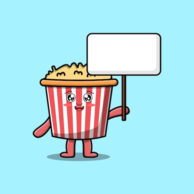 Cute cartoon Popcorn character holding blank board in vector concept flat cartoon style illustration