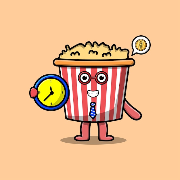 Vector cute cartoon popcorn character holding clock illustration with happy expression