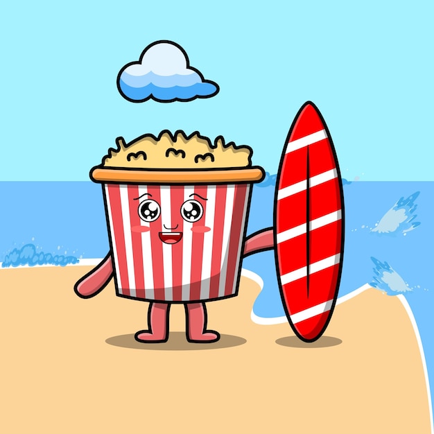 Cute cartoon Popcorn character playing surfing with surfing board