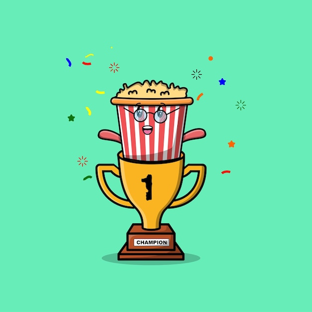 Cute cartoon Popcorn character in trophy in concept flat cartoon style in modern illustration