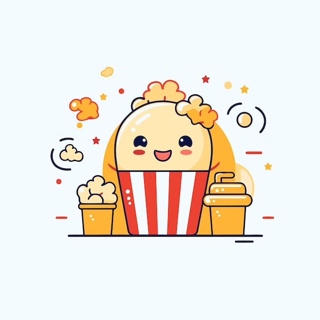 Vector cute cartoon popcorn character vector flat line design style illustration icon