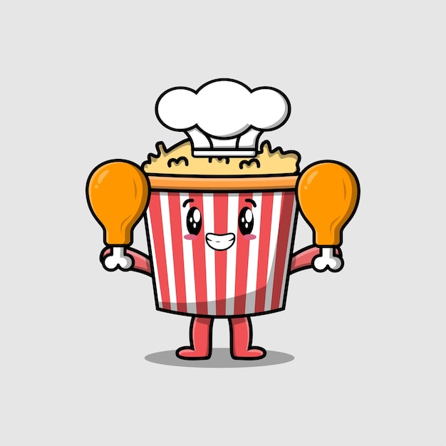 Vettore simpatico cartone animato popcorn chef personaggio che tiene due cosce di pollo in stile cartone animato piatto illustrazione