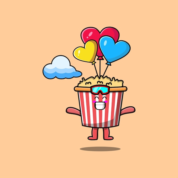 Simpatico cartone animato popcorn mascotte è paracadutismo con palloncino e gesto felice carino design in stile moderno