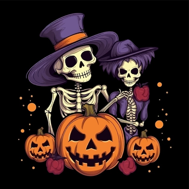 cute cartoon poster for halloween skeletons pumpkin jack and bats