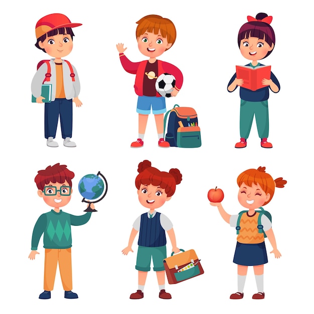 Cute cartoon primary school boys and girls with backpacks reading books and learning Boy with globe Student children characters vector set