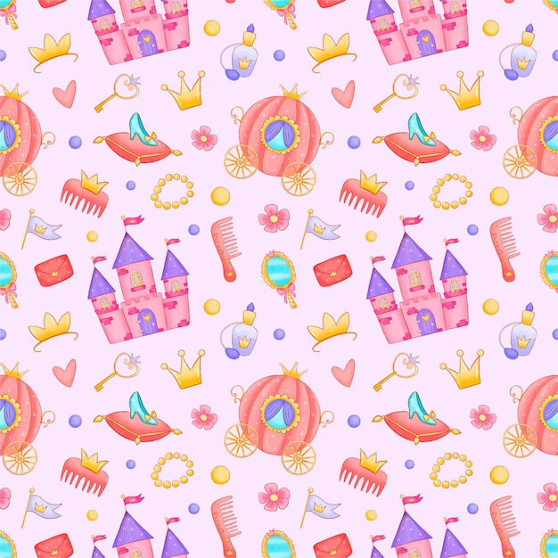 Vector cute cartoon princess castle carriage seamless pattern