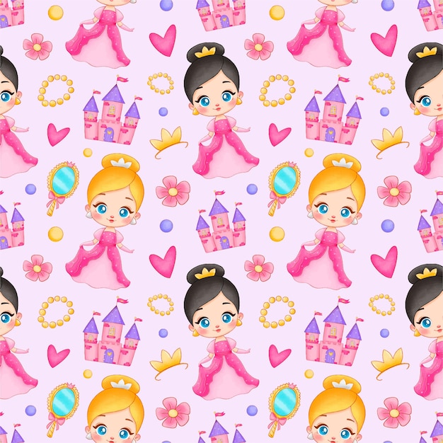 Cute Cartoon Princess Seamless Pattern