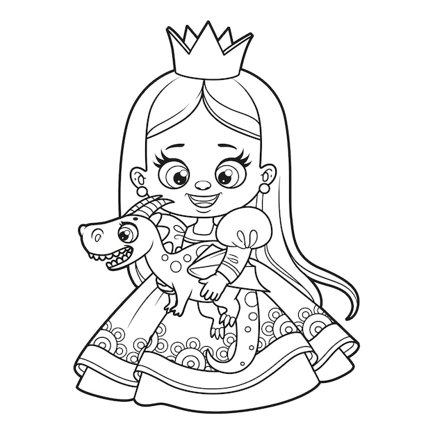 Vector cute cartoon princess with a soft toy dragon outline drawing for coloring on a white background