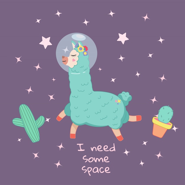 Cute cartoon print with lama in space. handwritten quote - i need some space. hand drawn print with space lettering.