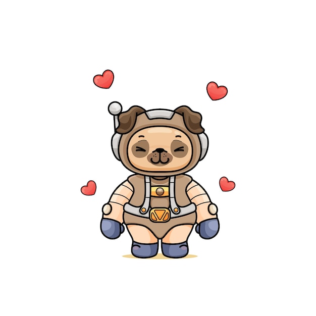 cute cartoon pug in an astronaut costume feeling excited with love icon