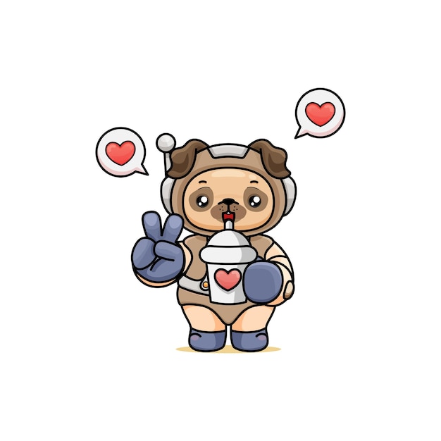cute cartoon pug in an astronaut costume holding a boba tea and showing peace sign