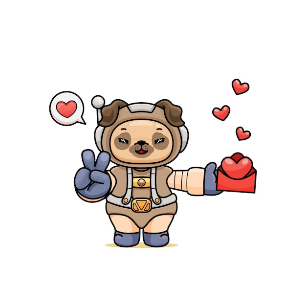 cute cartoon pug in an astronaut costume holding love letter and showing peace sign