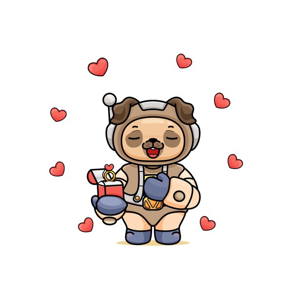 cute cartoon pug in an astronaut costume holding a love ring box and giving it