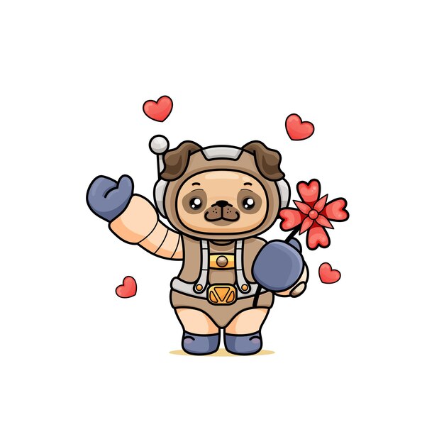 cute cartoon pug in an astronaut costume holding a pink flower and greeting