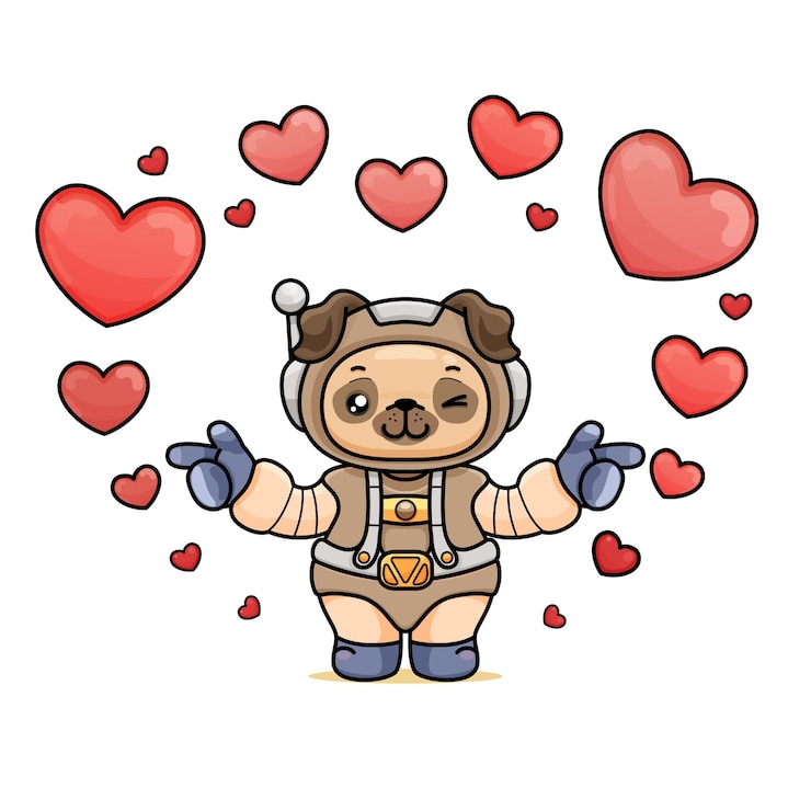 Vector cute cartoon pug in an astronaut costume pointing left and right with both hands