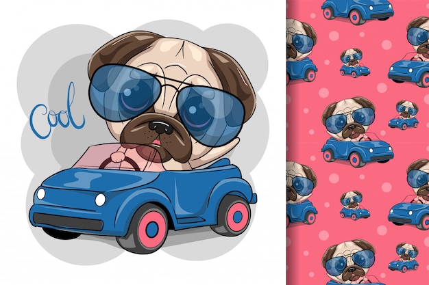 Cute cartoon pug dog boy in glasses goes on a blue car