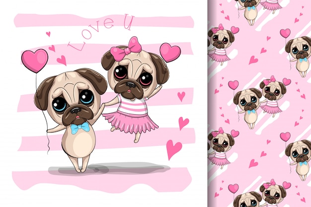 Cute cartoon pug dog couple, vector illustration