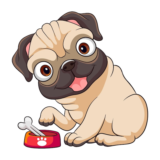 Vector cute cartoon pug dog eating bone isolated on white background