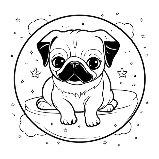 Cute cartoon pug dog Vector illustration in black and white