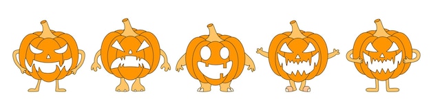 Vector cute cartoon pumpkin monster happy halloween set of pumpkins vector illustration