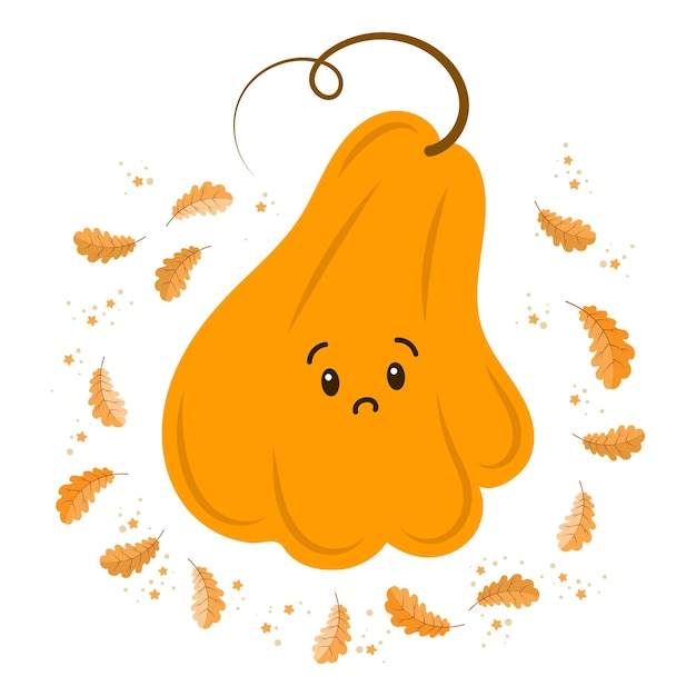 Cute cartoon pumpkin and oak leaves on a white background. autumn print, postcard, vector