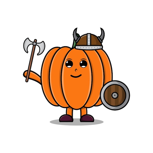 Cute cartoon Pumpkin viking pirate holding ax