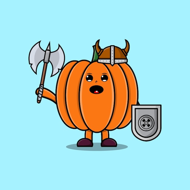 Cute cartoon Pumpkin viking pirate holding ax