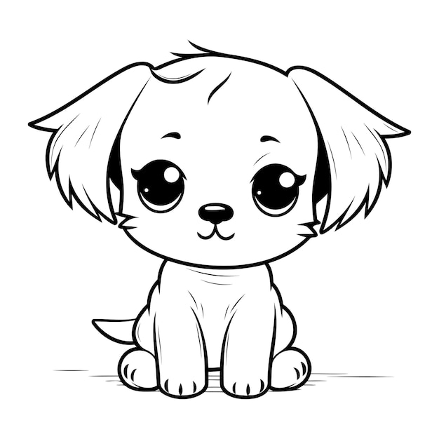 Cute Cartoon Puppy Black and White Vector Illustration Isolated On White Background