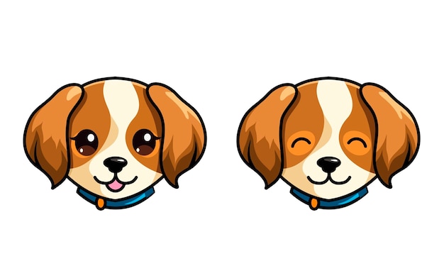 アイコンやロゴ用の可愛い漫画の子犬の顔セット カワイイ犬の肖像画 舌を出して微笑む 可愛い犬